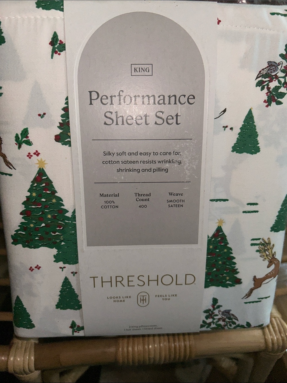 Threshold King Performance Sheet Set - Green Tree & Brown Reindeer Print.